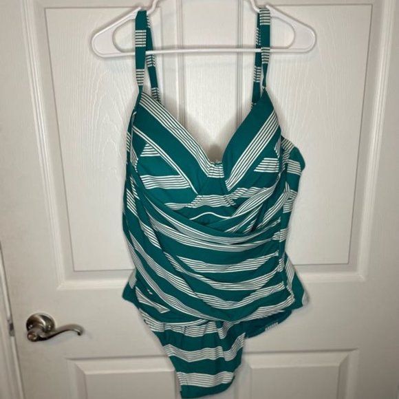 Green Striped One-Piece Swimsuit with Criss-Cross Bodice - Picture 3 of 6